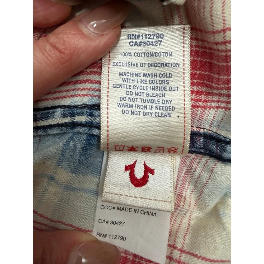 True Religion Mens XXL Plaid Western Shirt Red Blue Pearl Snap 100% Cotton